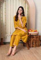 Myshka Musturd Silk Blend Straight Round Neck Three-Quarter Sleeves Kurta Trousers Set | Grocsy