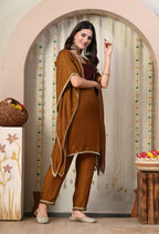 Myshka Brown Silk Blend Kaftan Round Neck Short Sleeves Kurta Trousers Set | Grocsy