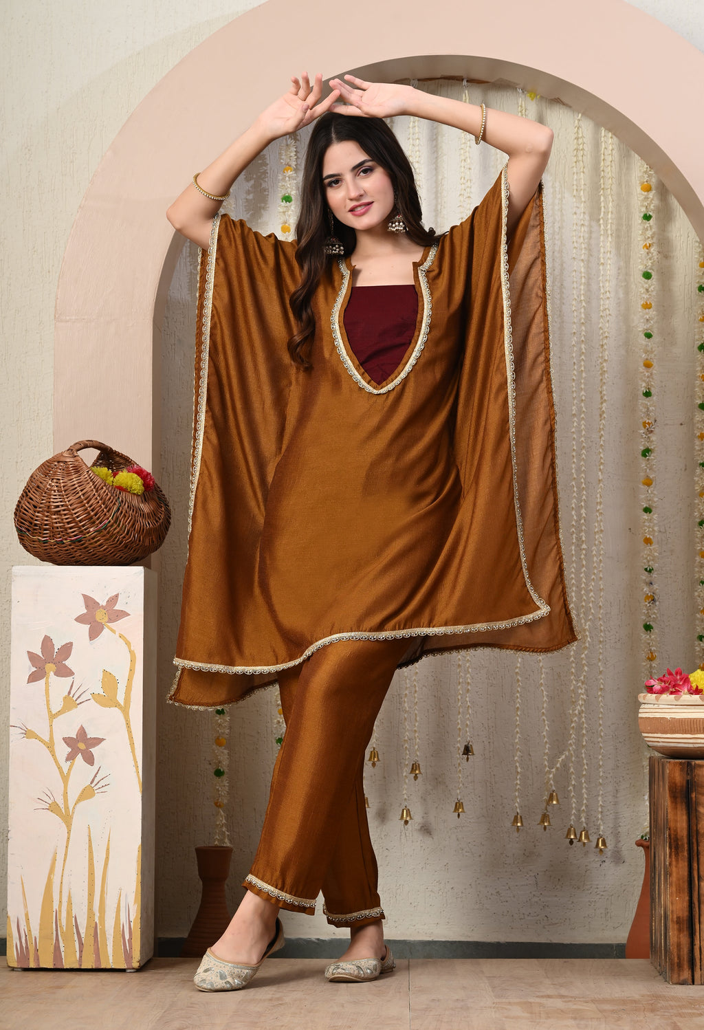 Myshka Brown Silk Blend Kaftan Round Neck Short Sleeves Kurta Trousers Set | Grocsy