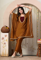 Myshka Brown Silk Blend Kaftan Round Neck Short Sleeves Kurta Trousers Set | Grocsy