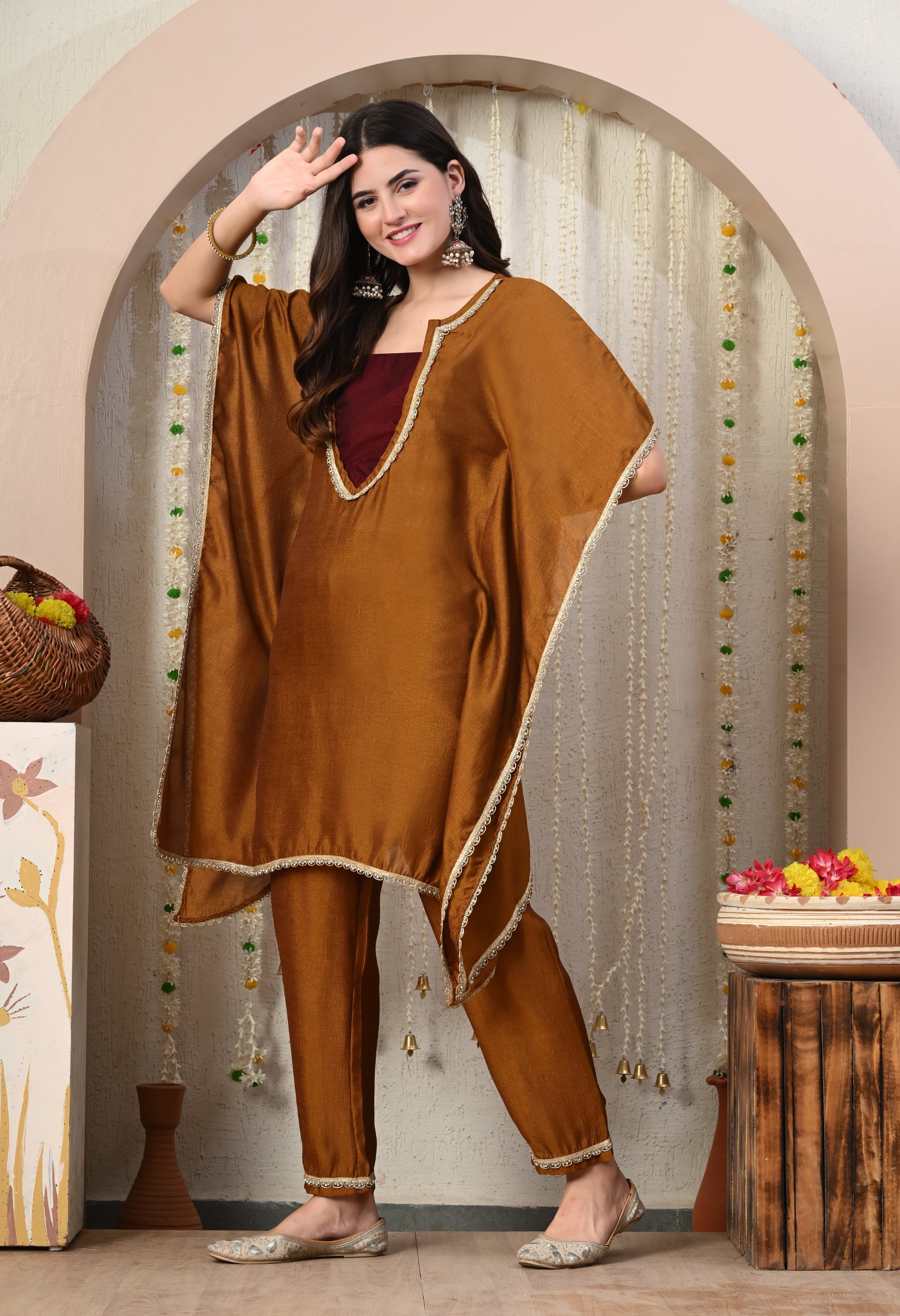 Myshka Brown Silk Blend Kaftan Round Neck Short Sleeves Kurta Trousers Set | Grocsy