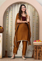 Myshka Brown Silk Blend Kaftan Round Neck Short Sleeves Kurta Trousers Set | Grocsy