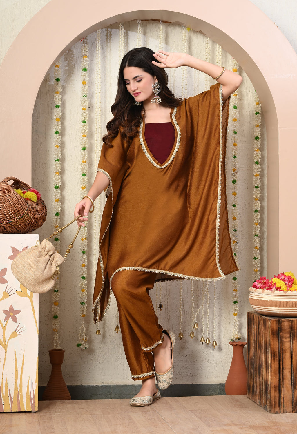 Myshka Brown Silk Blend Kaftan Round Neck Short Sleeves Kurta Trousers Set | Grocsy