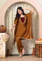Myshka Brown Silk Blend Kaftan Round Neck Short Sleeves Kurta Trousers Set | Grocsy
