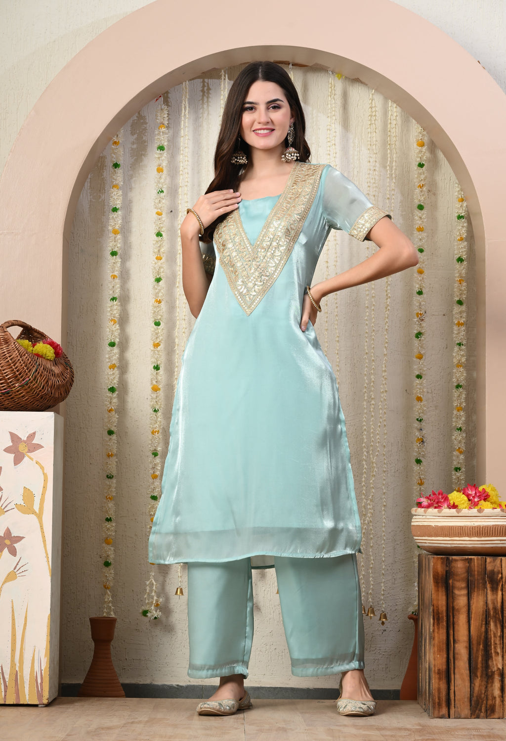 Myshka Blue Silk Blend Straight Round Neck Short Sleeves Kurta Trousers Set | Grocsy