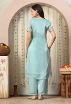 Myshka Blue Silk Blend Straight Round Neck Short Sleeves Kurta Trousers Set | Grocsy