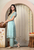 Myshka Blue Silk Blend Straight Round Neck Short Sleeves Kurta Trousers Set | Grocsy