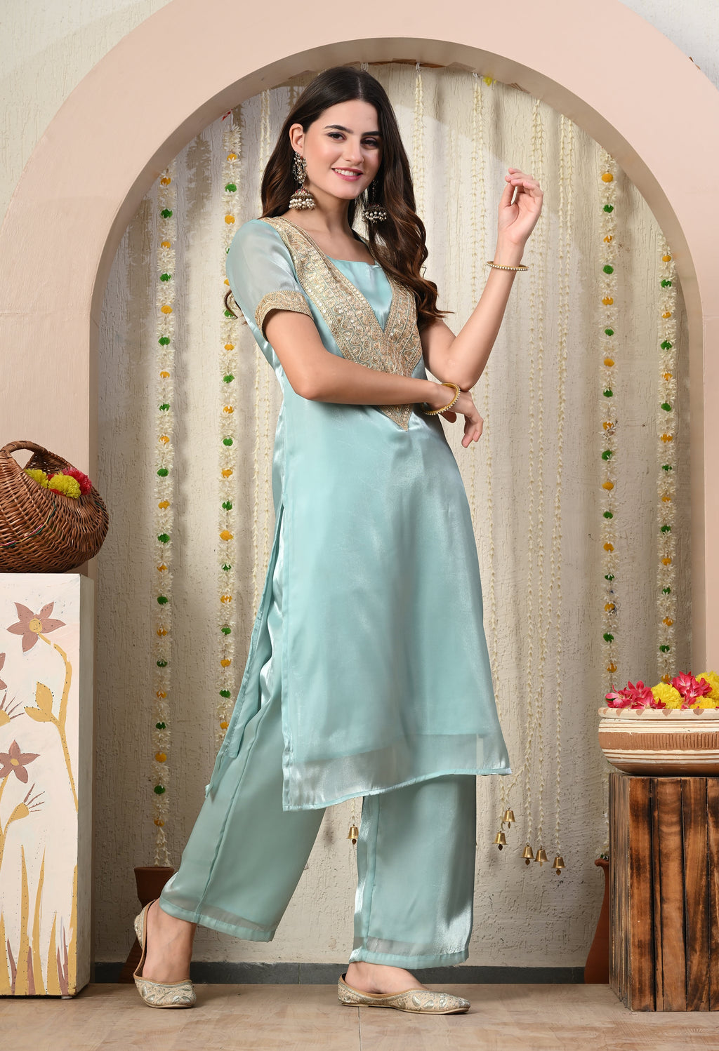 Myshka Blue Silk Blend Straight Round Neck Short Sleeves Kurta Trousers Set | Grocsy