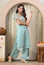 Myshka Blue Silk Blend Straight Round Neck Short Sleeves Kurta Trousers Set | Grocsy