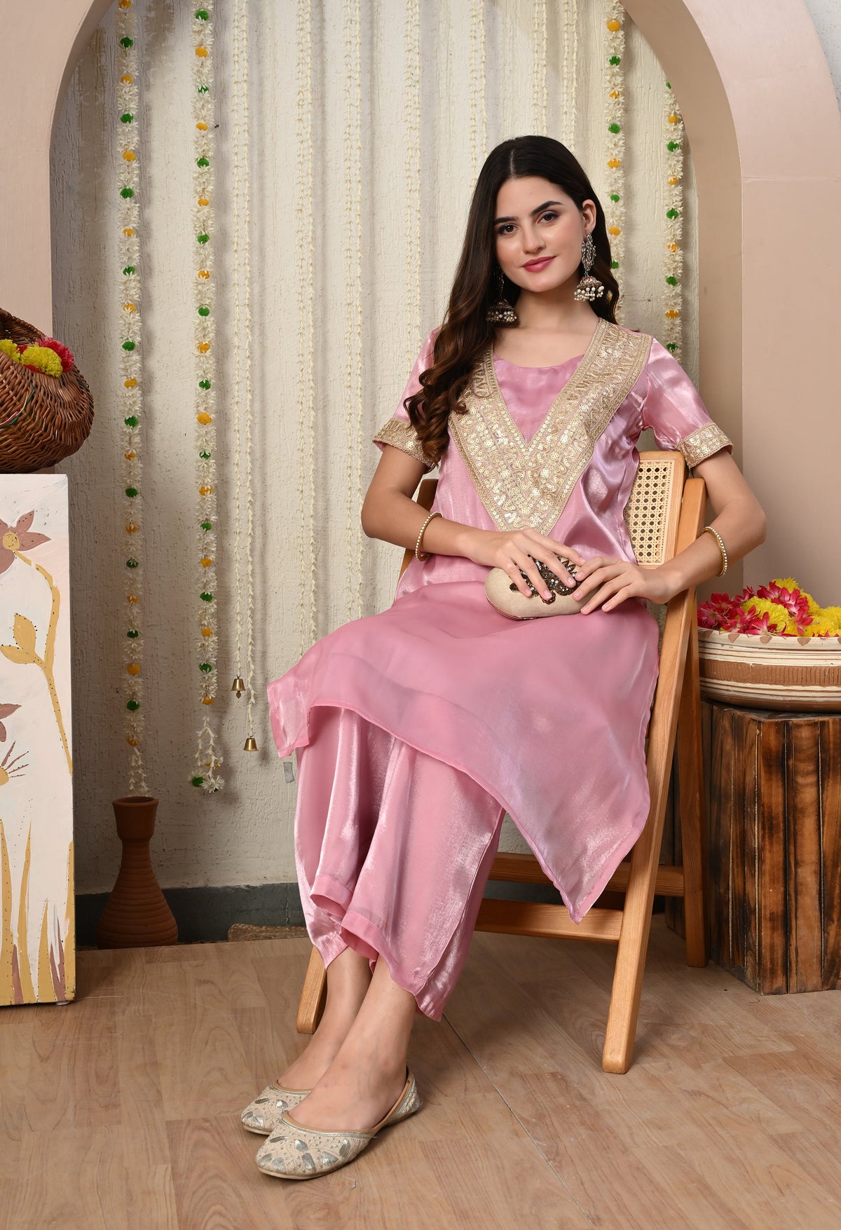 Myshka Pink Silk Blend Straight Round Neck Short Sleeves Kurta Trousers Set | Grocsy