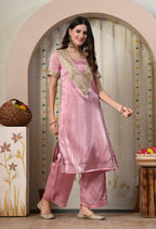 Myshka Pink Silk Blend Straight Round Neck Short Sleeves Kurta Trousers Set | Grocsy