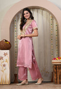 Myshka Pink Silk Blend Straight Round Neck Short Sleeves Kurta Trousers Set | Grocsy