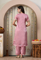 Myshka Pink Silk Blend Straight Round Neck Short Sleeves Kurta Trousers Set | Grocsy