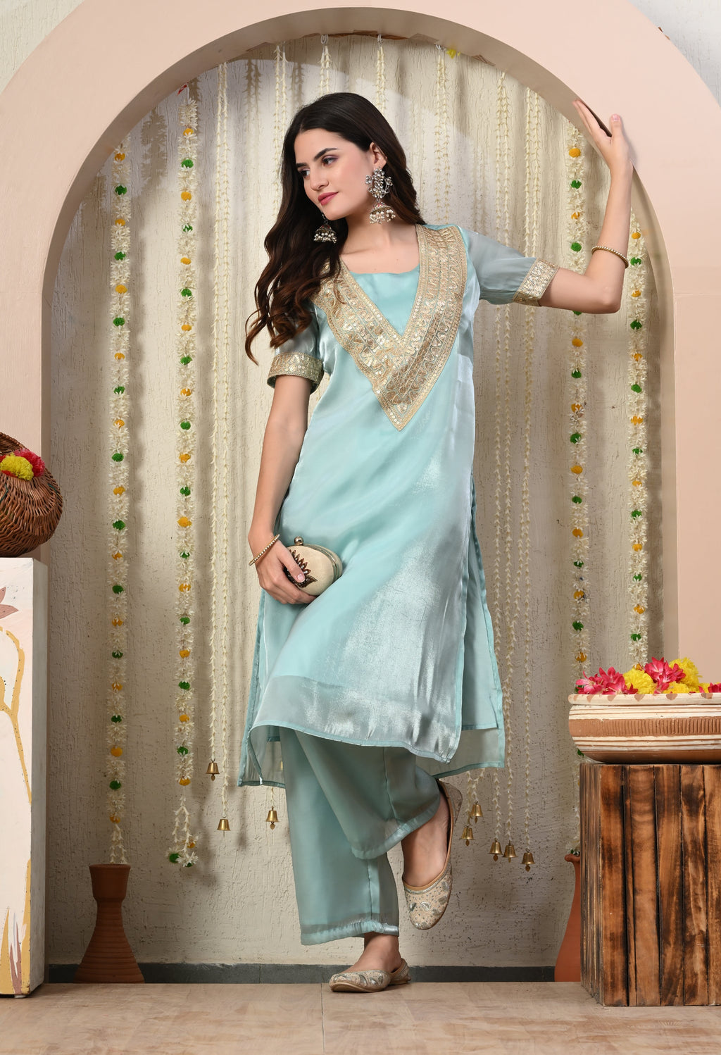 Myshka Blue Silk Blend Straight Round Neck Short Sleeves Kurta Trousers Set | Grocsy
