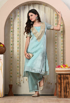 Myshka Blue Silk Blend Straight Round Neck Short Sleeves Kurta Trousers Set | Grocsy