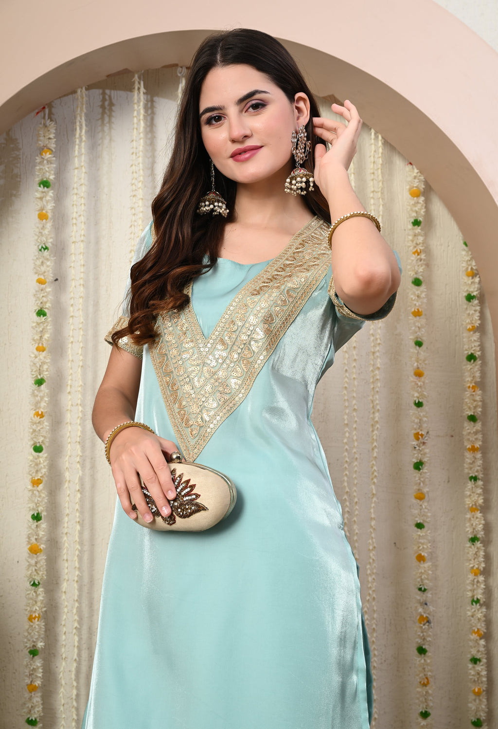 Myshka Blue Silk Blend Straight Round Neck Short Sleeves Kurta Trousers Set | Grocsy