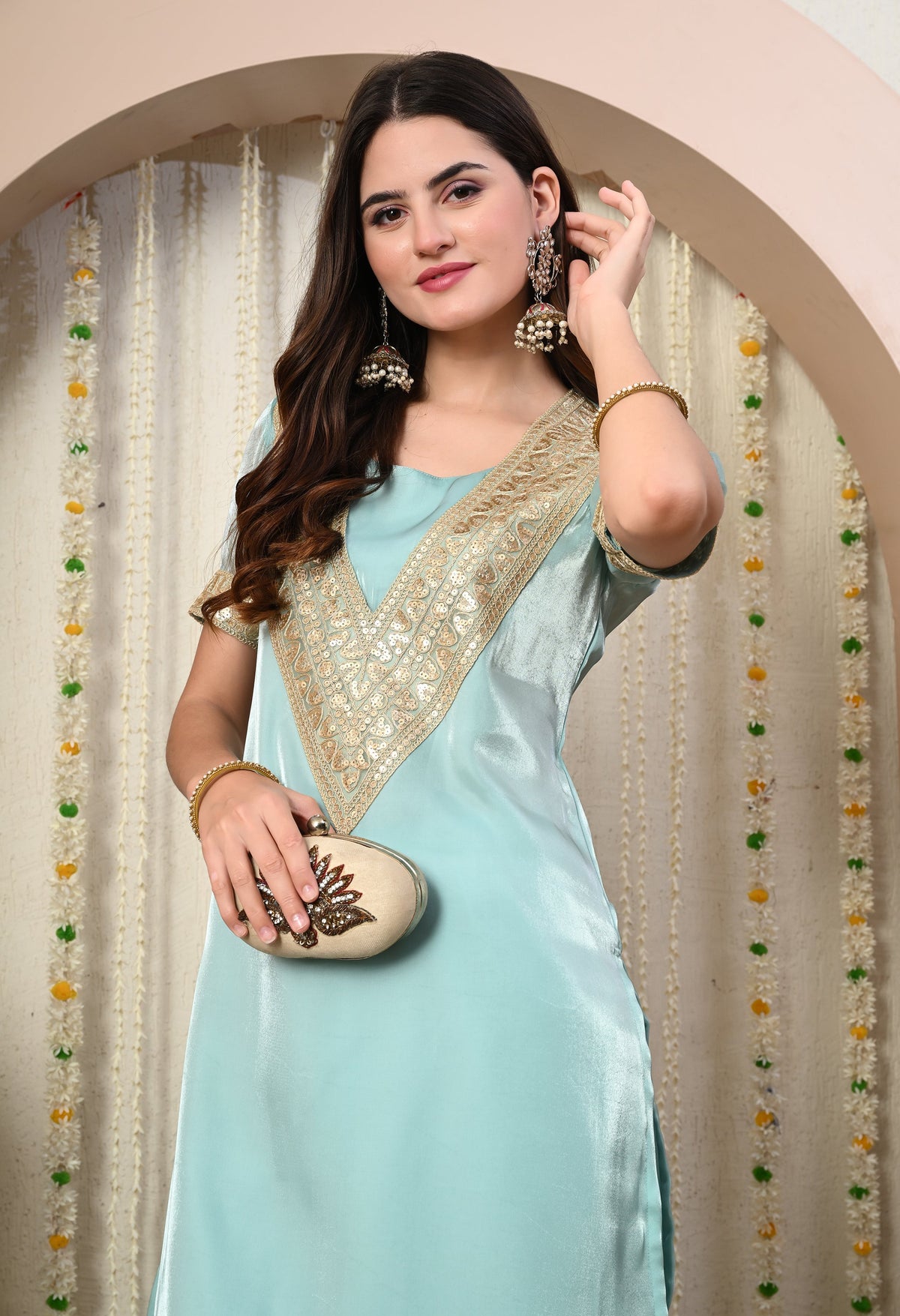 Myshka Blue Silk Blend Straight Round Neck Short Sleeves Kurta Trousers Set | Grocsy