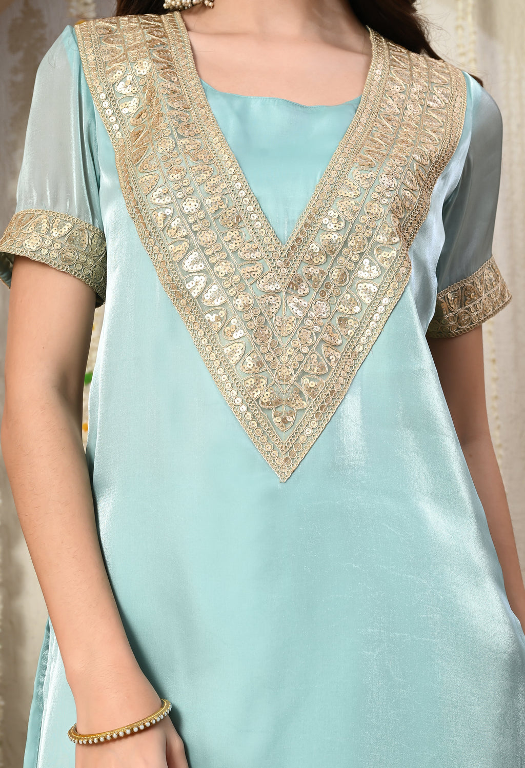 Myshka Blue Silk Blend Straight Round Neck Short Sleeves Kurta Trousers Set | Grocsy