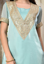 Myshka Blue Silk Blend Straight Round Neck Short Sleeves Kurta Trousers Set | Grocsy
