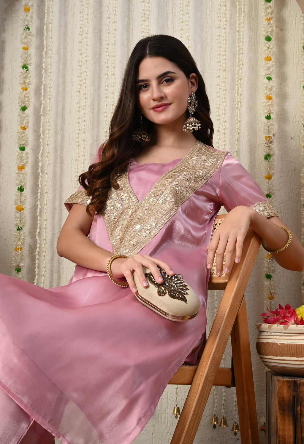 Myshka Pink Silk Blend Straight Round Neck Short Sleeves Kurta Trousers Set | Grocsy