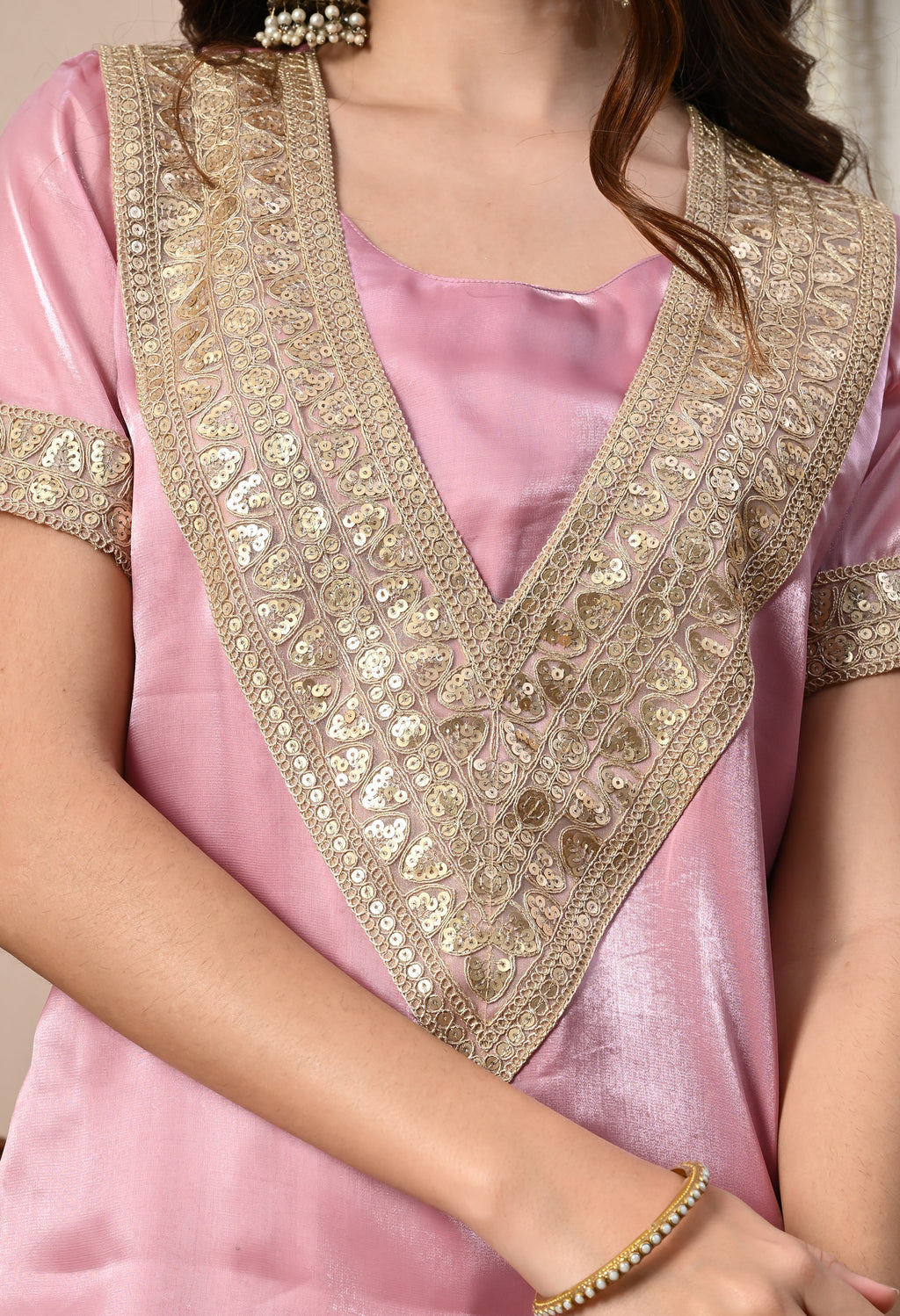 Myshka Pink Silk Blend Straight Round Neck Short Sleeves Kurta Trousers Set | Grocsy