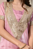 Myshka Pink Silk Blend Straight Round Neck Short Sleeves Kurta Trousers Set | Grocsy