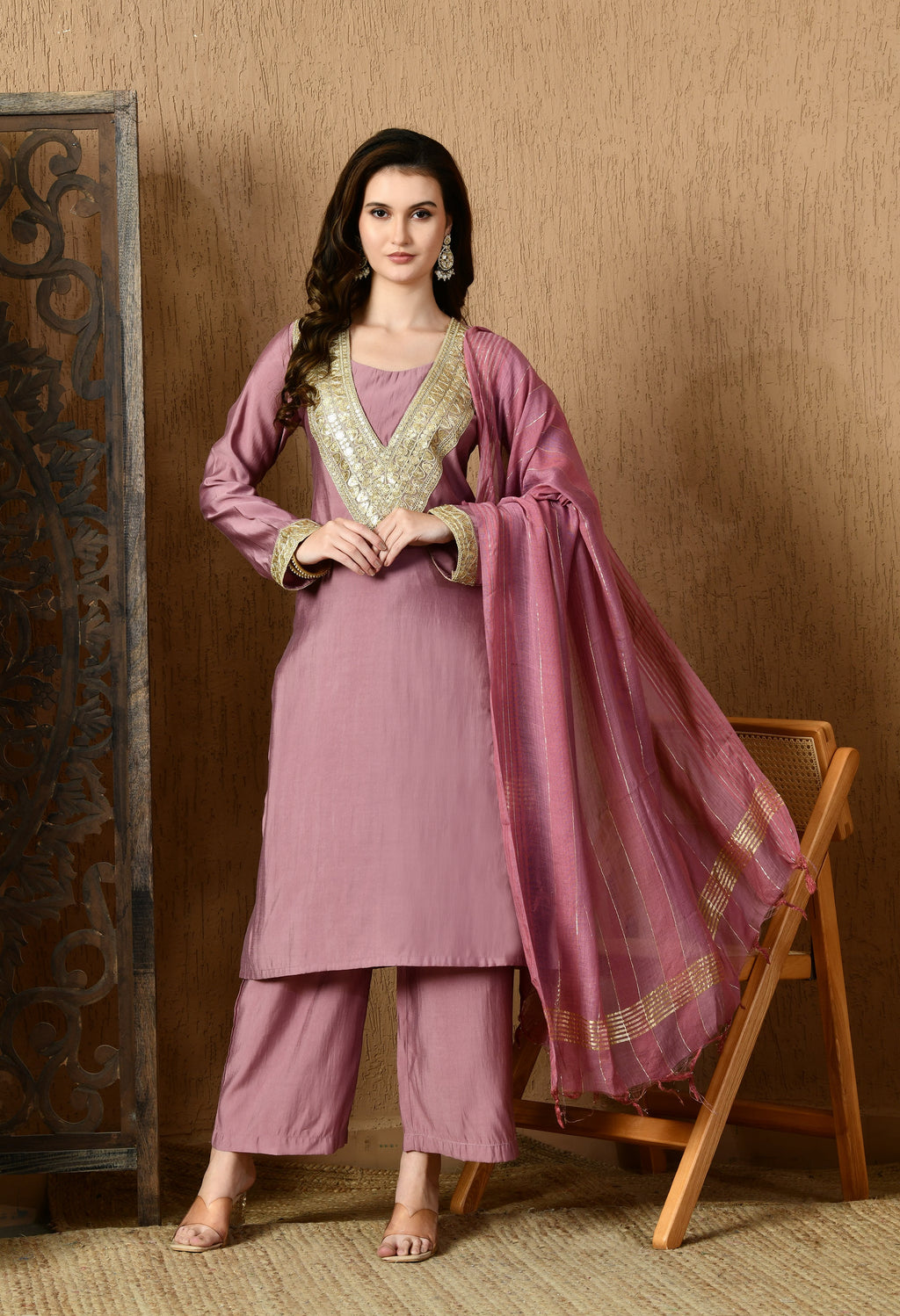 Myshka Lavender Silk Blend Straight Round Neck Long Sleeves Kurta Trousers With Dupatta | Grocsy