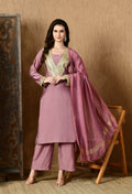 Myshka Lavender Silk Blend Straight Round Neck Long Sleeves Kurta Trousers With Dupatta | Grocsy