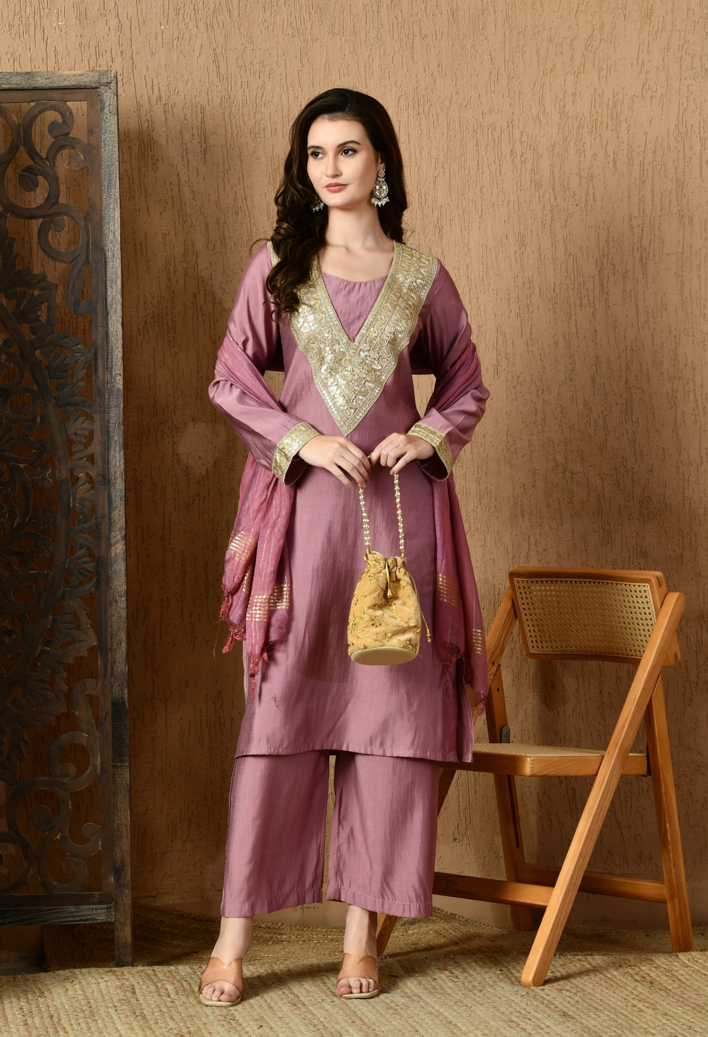 Myshka Lavender Silk Blend Straight Round Neck Long Sleeves Kurta Trousers With Dupatta | Grocsy