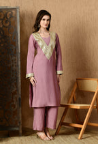 Myshka Lavender Silk Blend Straight Round Neck Long Sleeves Kurta Trousers With Dupatta | Grocsy