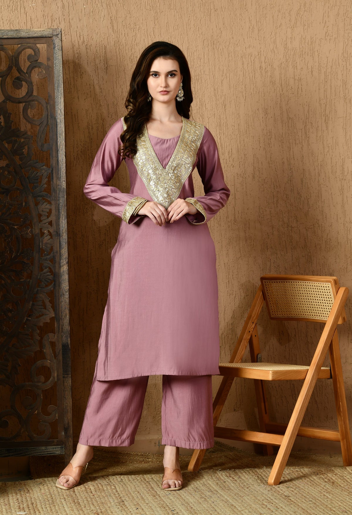 Myshka Lavender Silk Blend Straight Round Neck Long Sleeves Kurta Trousers With Dupatta | Grocsy