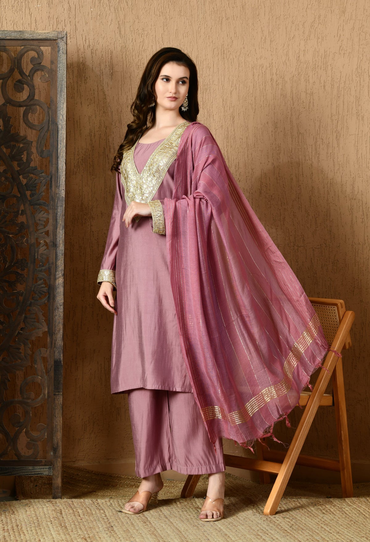 Myshka Lavender Silk Blend Straight Round Neck Long Sleeves Kurta Trousers With Dupatta | Grocsy