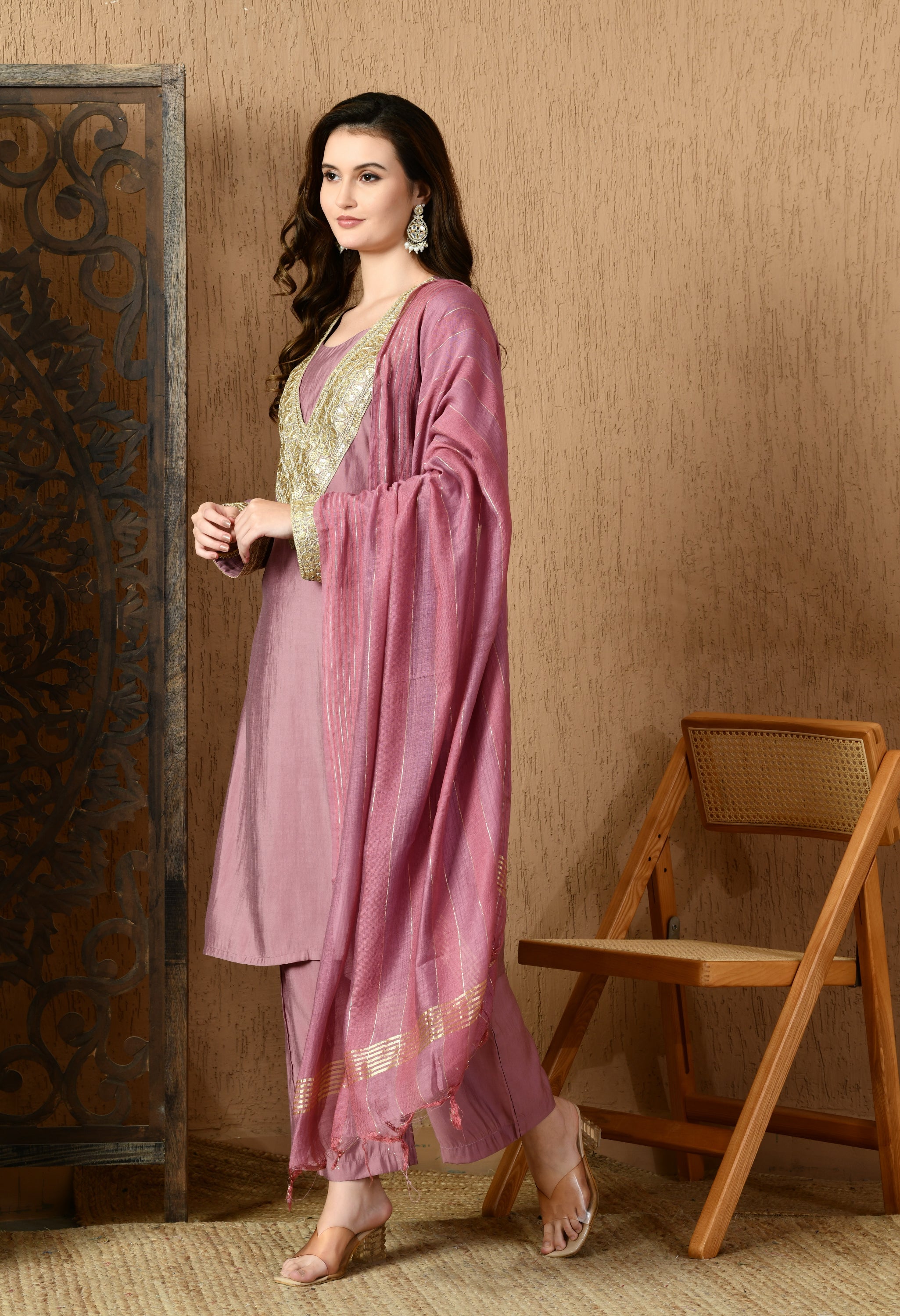 Myshka Lavender Silk Blend Straight Round Neck Long Sleeves Kurta Trousers With Dupatta | Grocsy