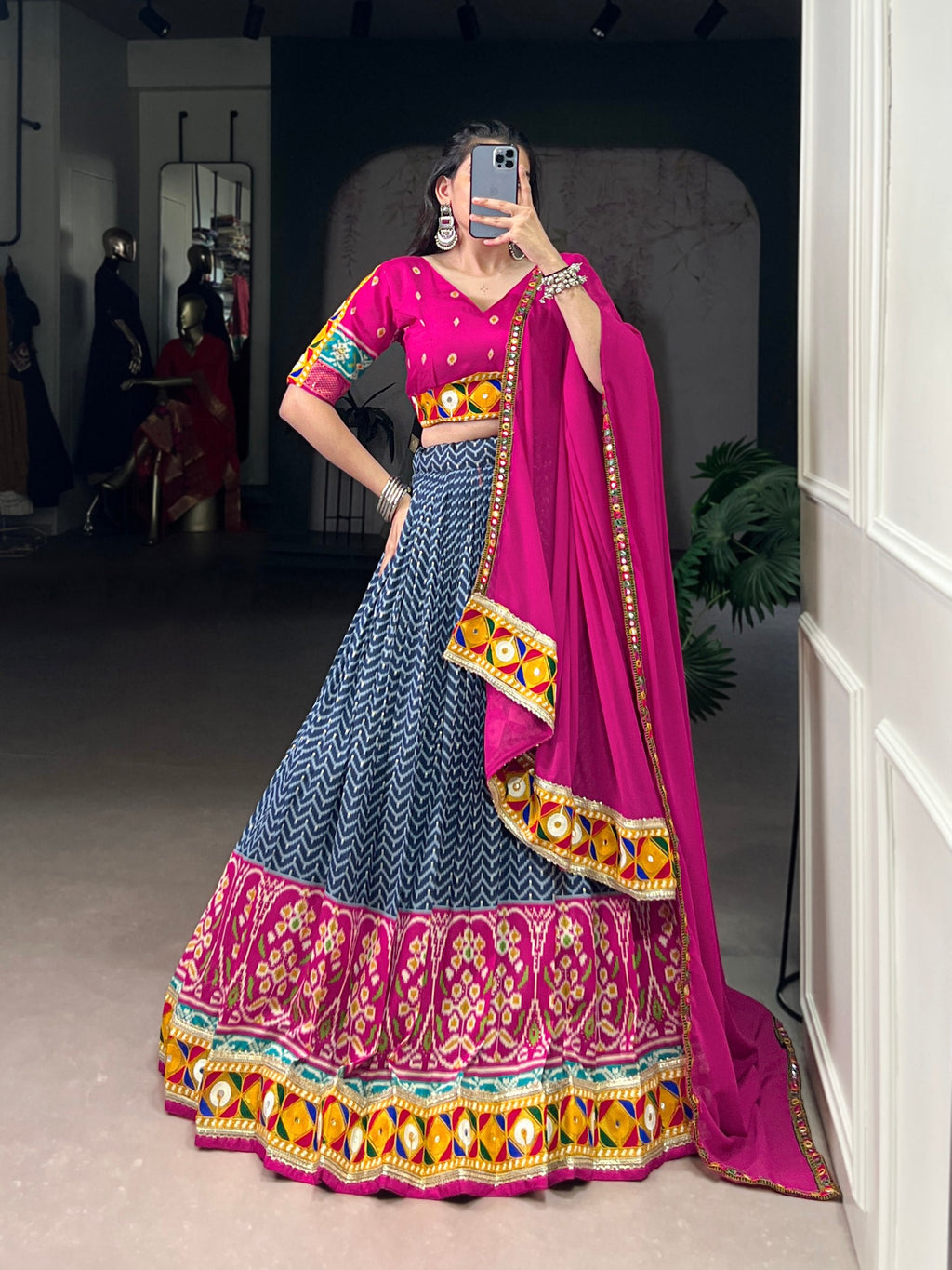 Lorenvalley Fashion Blue Tasar Silk Print with Foil Work and Real Mirror Gamthi Work with Lace Touch Up Lehenga Choli with Dupatta | Grocsy