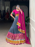 Lorenvalley Fashion Blue Tasar Silk Print with Foil Work and Real Mirror Gamthi Work with Lace Touch Up Lehenga Choli with Dupatta | Grocsy