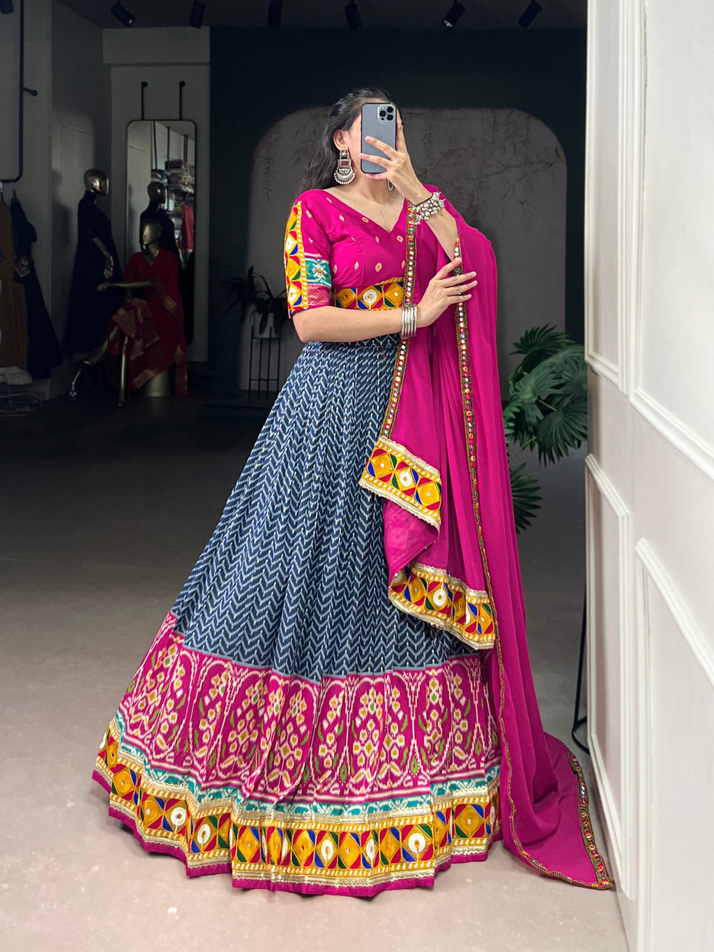 Lorenvalley Fashion Blue Tasar Silk Print with Foil Work and Real Mirror Gamthi Work with Lace Touch Up Lehenga Choli with Dupatta | Grocsy