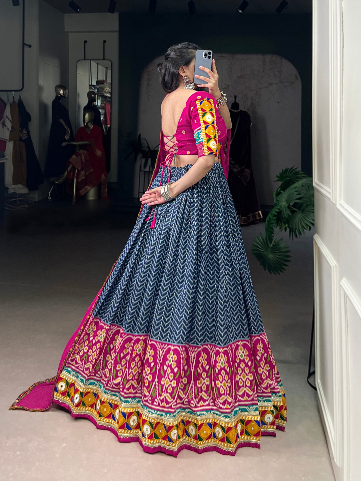Lorenvalley Fashion Blue Tasar Silk Print with Foil Work and Real Mirror Gamthi Work with Lace Touch Up Lehenga Choli with Dupatta | Grocsy