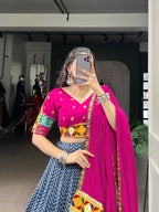 Lorenvalley Fashion Blue Tasar Silk Print with Foil Work and Real Mirror Gamthi Work with Lace Touch Up Lehenga Choli with Dupatta | Grocsy