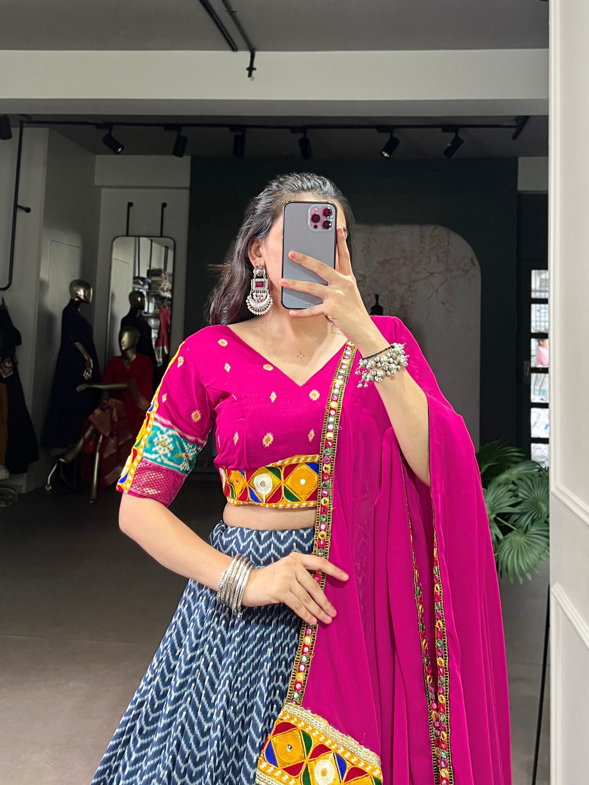 Lorenvalley Fashion Blue Tasar Silk Print with Foil Work and Real Mirror Gamthi Work with Lace Touch Up Lehenga Choli with Dupatta | Grocsy