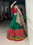 Lorenvalley Green Dola Silk Printed With Foil Work And Original Mirror Gamthi Lace Touch Up Lehenga Choli with Dupatta | Grocsy