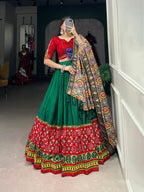 Lorenvalley Green Dola Silk Printed With Foil Work And Original Mirror Gamthi Lace Touch Up Lehenga Choli with Dupatta | Grocsy