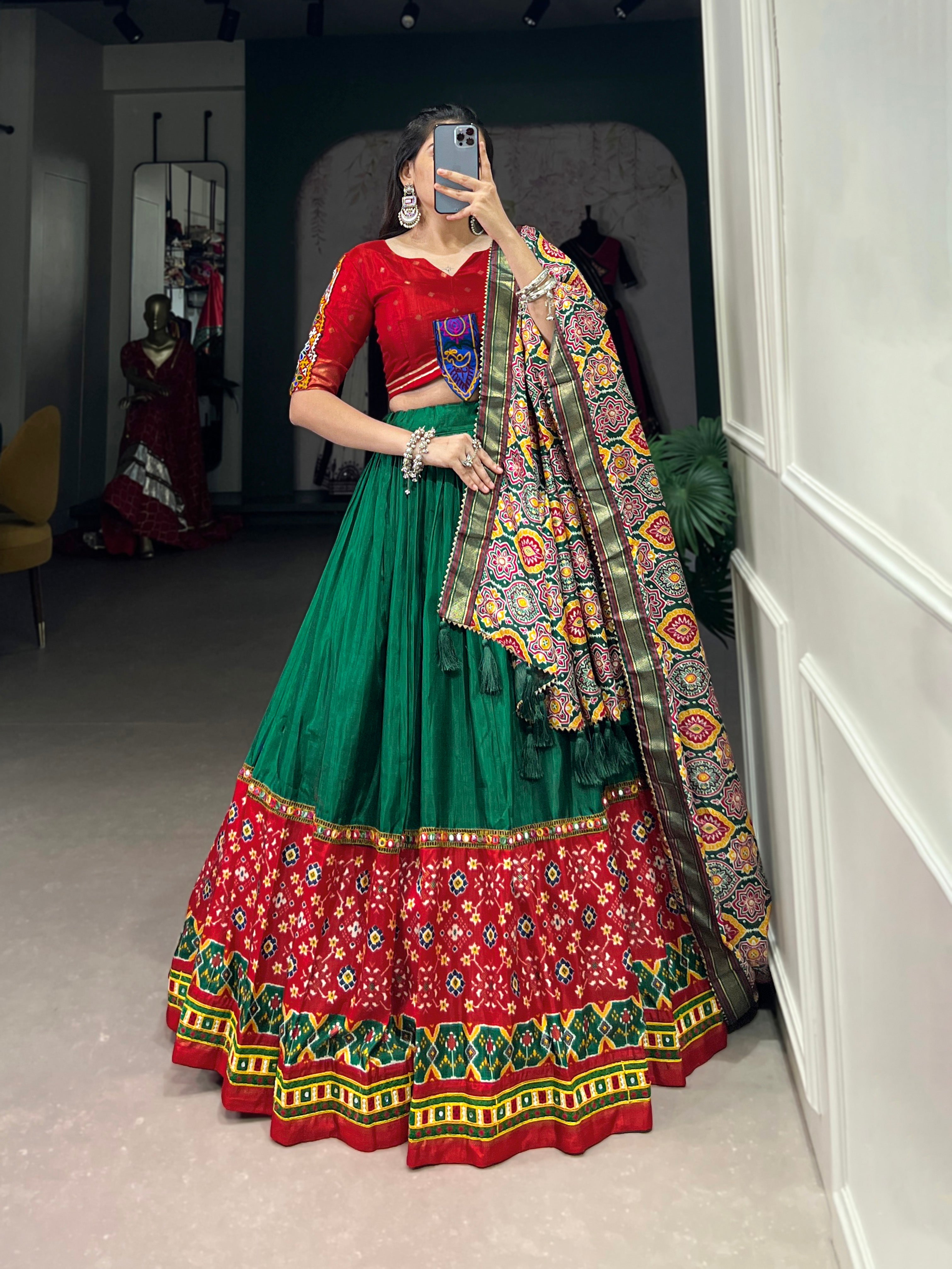 Lorenvalley Green Dola Silk Printed With Foil Work And Original Mirror Gamthi Lace Touch Up Lehenga Choli with Dupatta | Grocsy