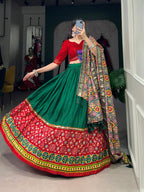 Lorenvalley Green Dola Silk Printed With Foil Work And Original Mirror Gamthi Lace Touch Up Lehenga Choli with Dupatta | Grocsy