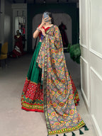Lorenvalley Green Dola Silk Printed With Foil Work And Original Mirror Gamthi Lace Touch Up Lehenga Choli with Dupatta | Grocsy