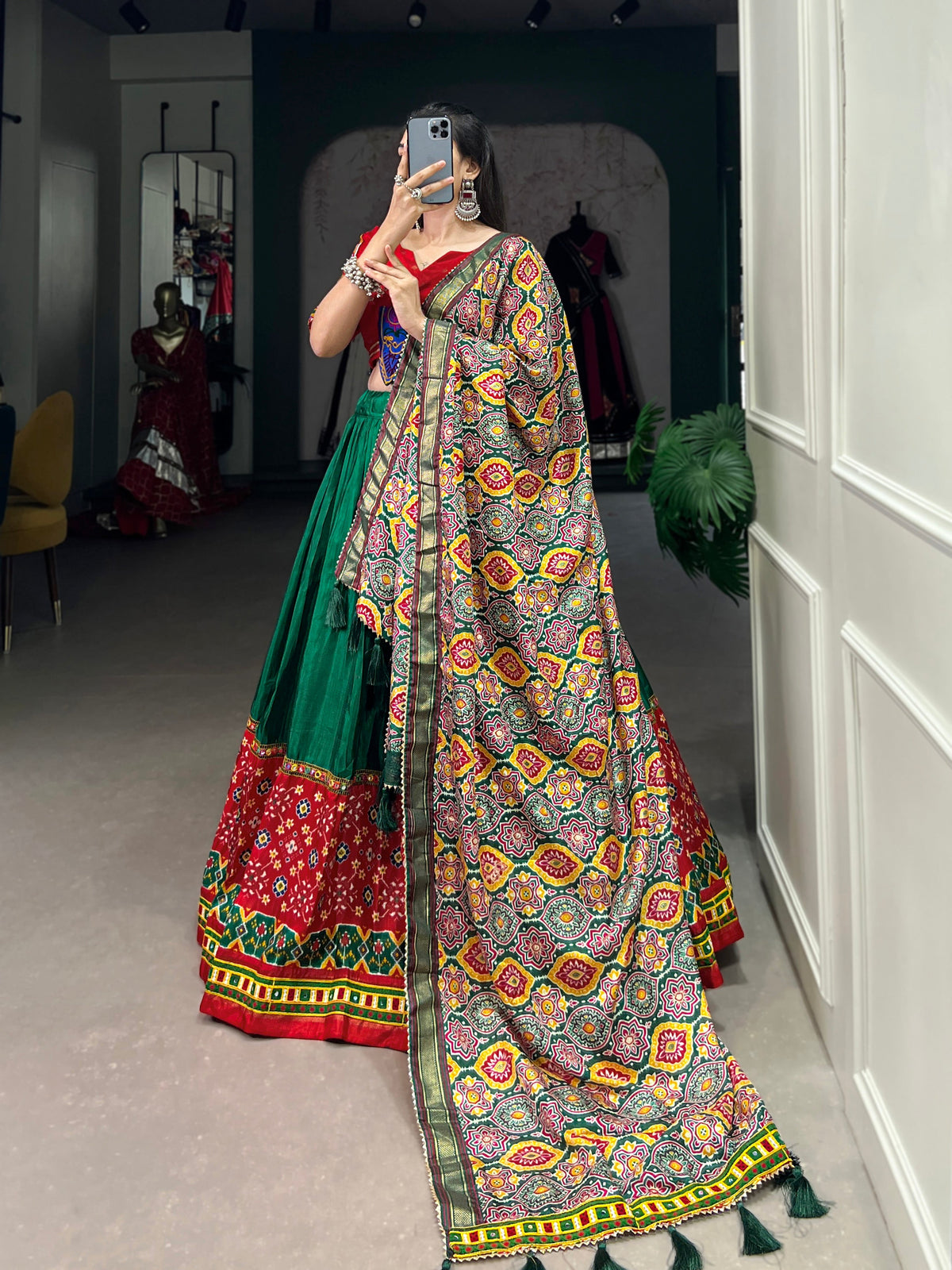 Lorenvalley Green Dola Silk Printed With Foil Work And Original Mirror Gamthi Lace Touch Up Lehenga Choli with Dupatta | Grocsy