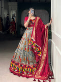 Lorenvalley Fashion Grey Tasar Silk Print with Foil Work and Real Mirror Gamthi Work with Lace Touch Up Lehenga Choli with Dupatta | Grocsy