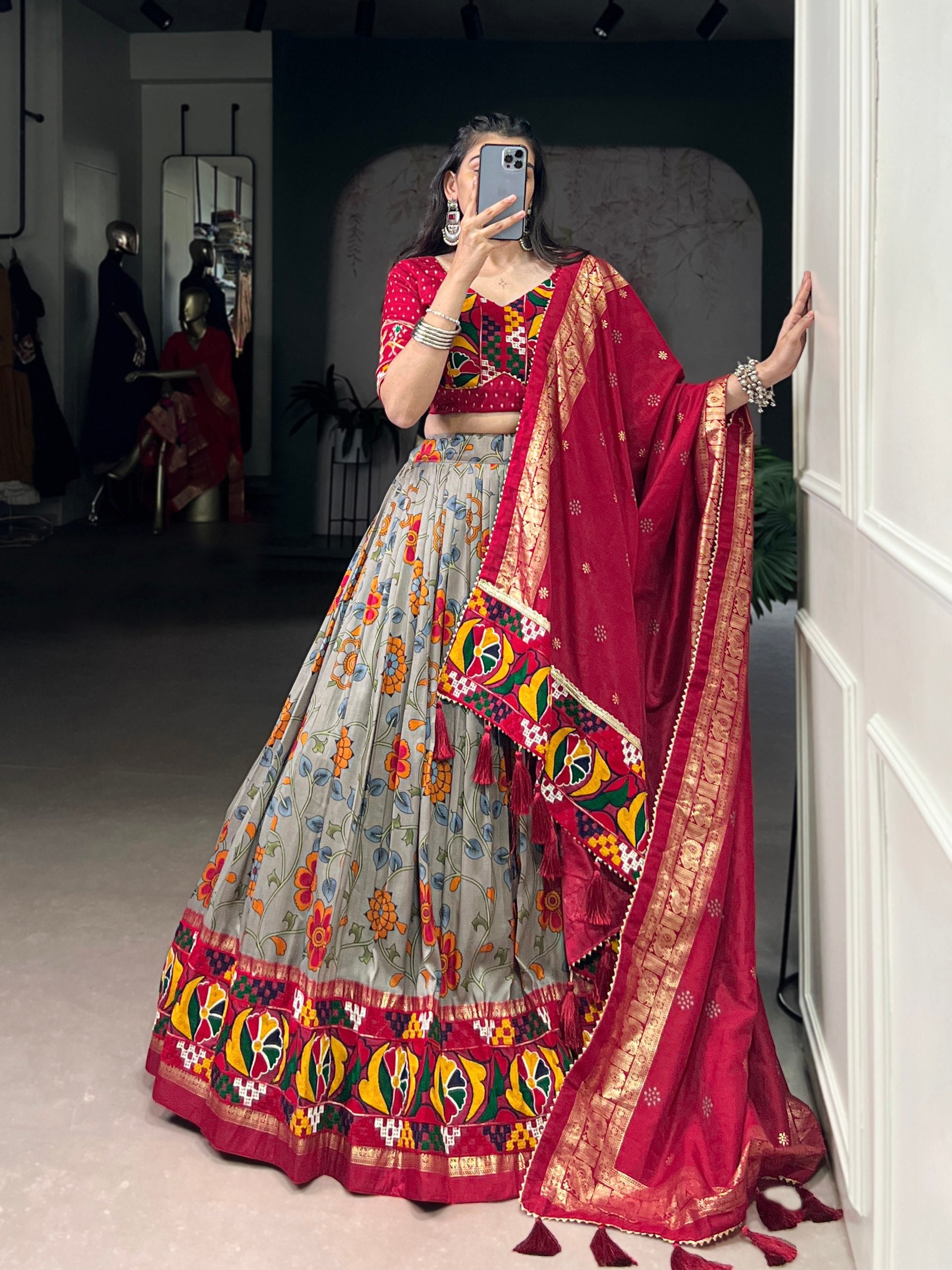 Lorenvalley Fashion Grey Tasar Silk Print with Foil Work and Real Mirror Gamthi Work with Lace Touch Up Lehenga Choli with Dupatta | Grocsy