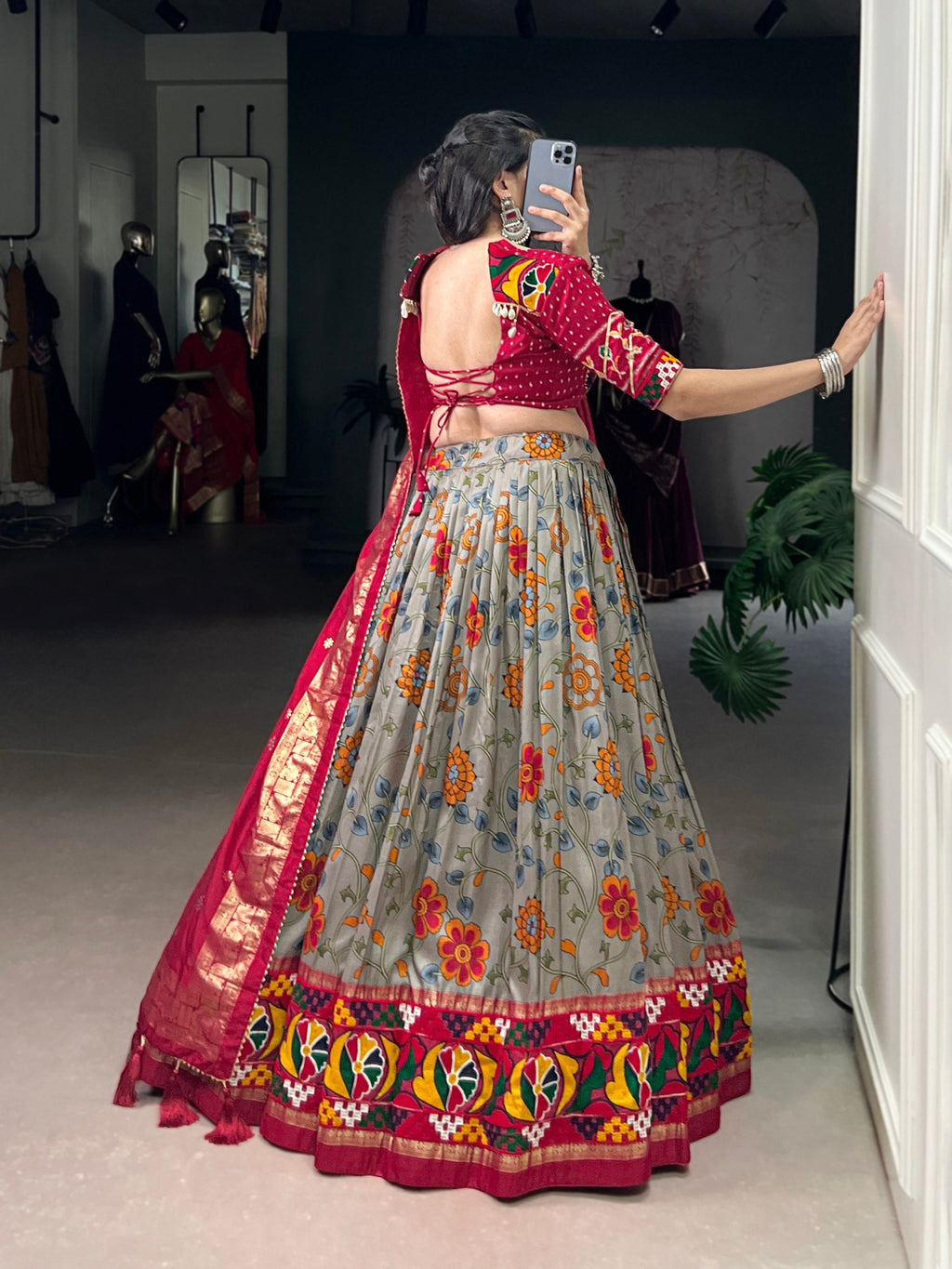 Lorenvalley Fashion Grey Tasar Silk Print with Foil Work and Real Mirror Gamthi Work with Lace Touch Up Lehenga Choli with Dupatta | Grocsy