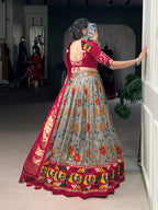Lorenvalley Fashion Grey Tasar Silk Print with Foil Work and Real Mirror Gamthi Work with Lace Touch Up Lehenga Choli with Dupatta | Grocsy