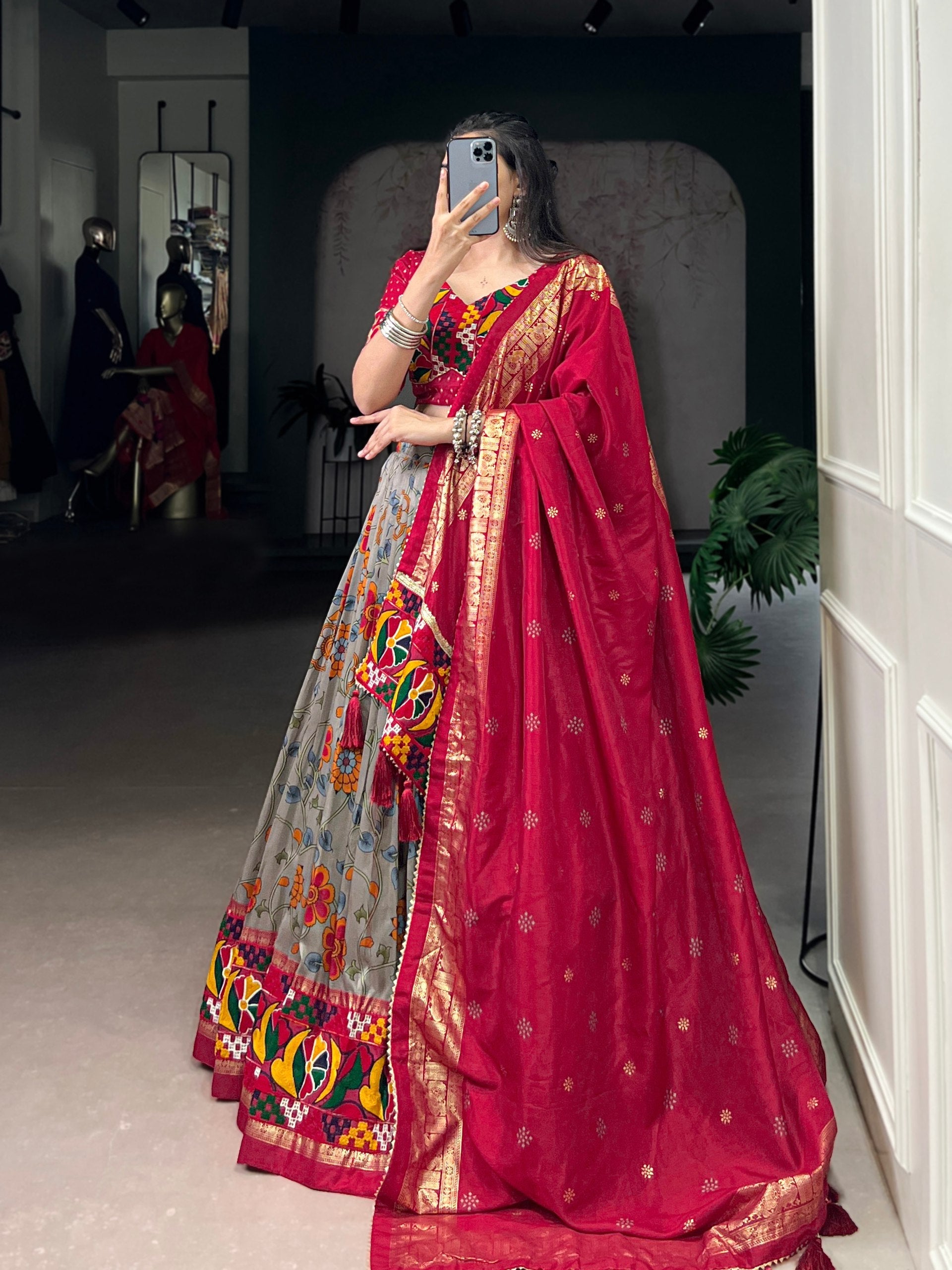 Lorenvalley Fashion Grey Tasar Silk Print with Foil Work and Real Mirror Gamthi Work with Lace Touch Up Lehenga Choli with Dupatta | Grocsy